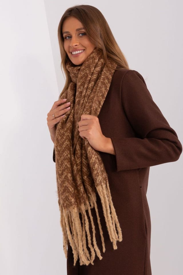 Love Lace Love Lace Women's Long Geometric Pattern Polyester Scarf with Tassels Warm in Brown - 2