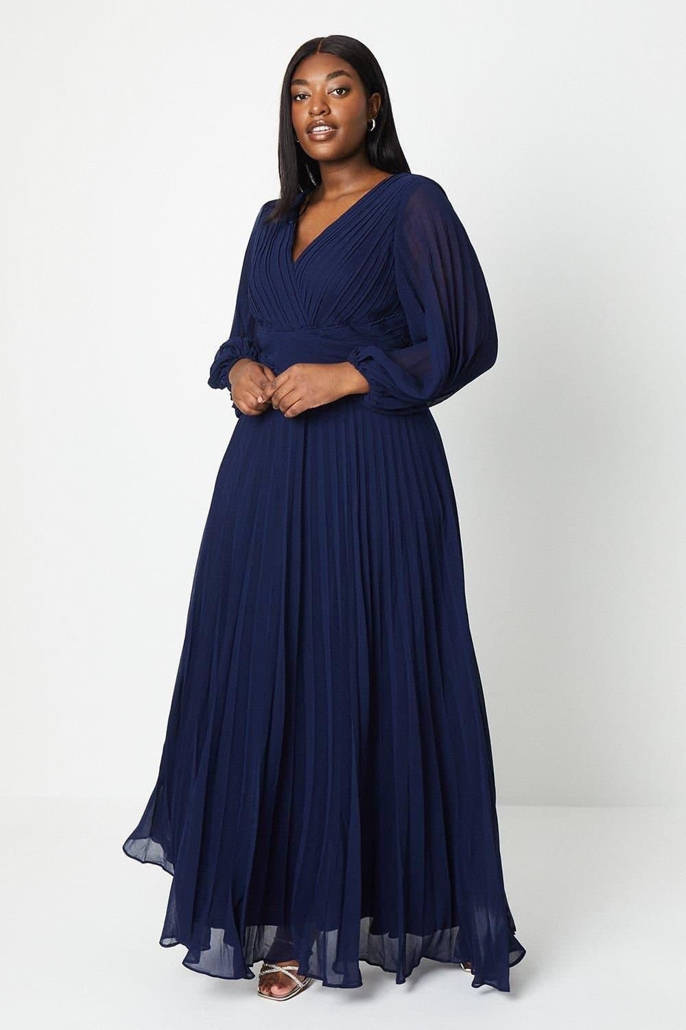 Coast Coast Women's Plus Wrap Front Pleated Georgette Maxi Dress in Navy