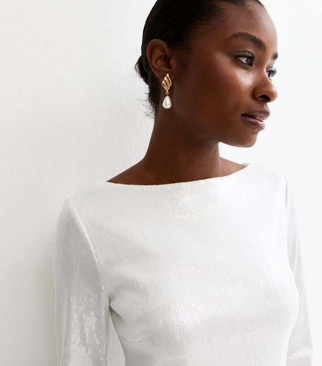 New Look Women's White Sequinned Long Sleeve Mini Dress New Look - 3