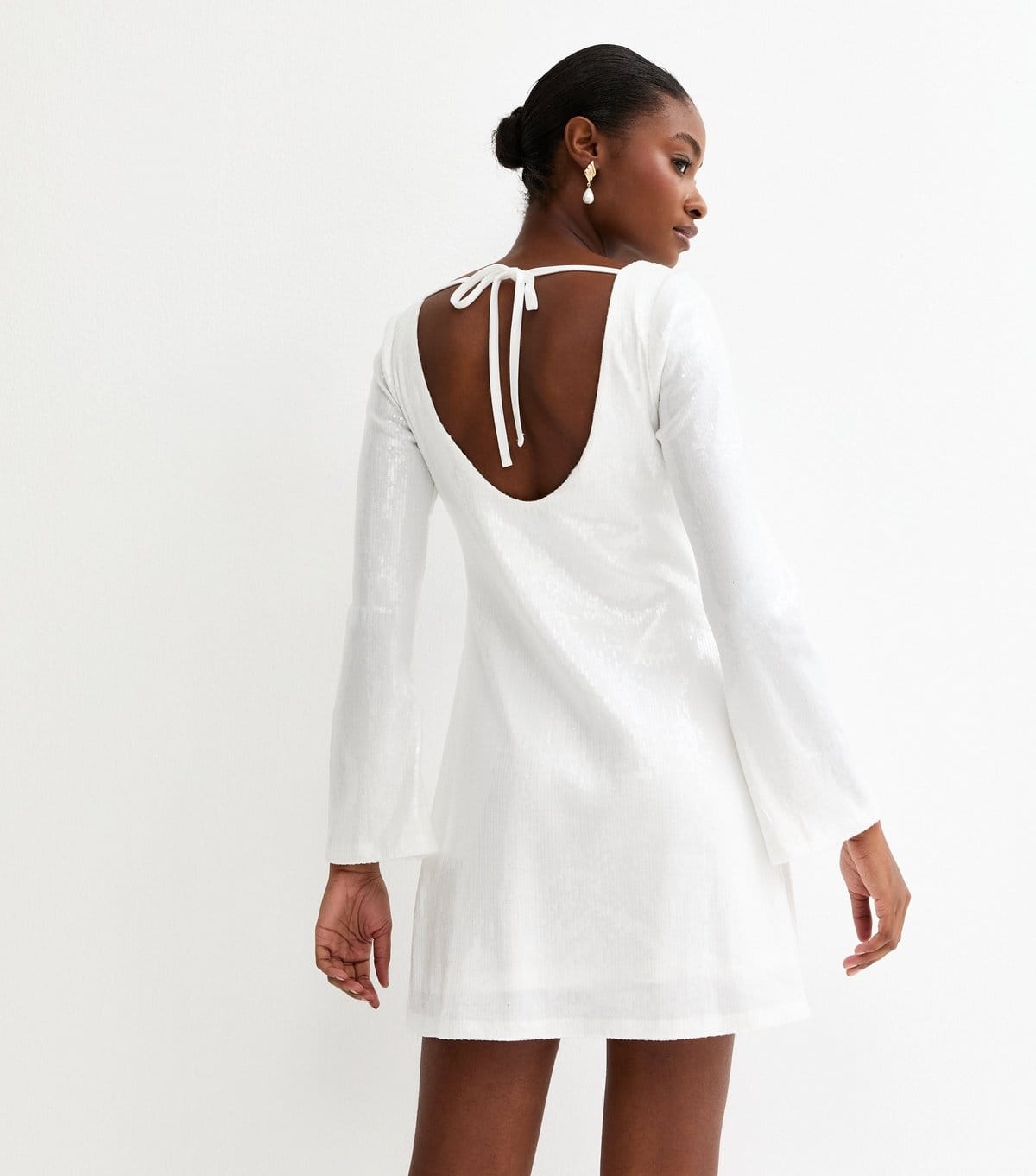 New Look Women's White Sequinned Long Sleeve Mini Dress New Look - 4