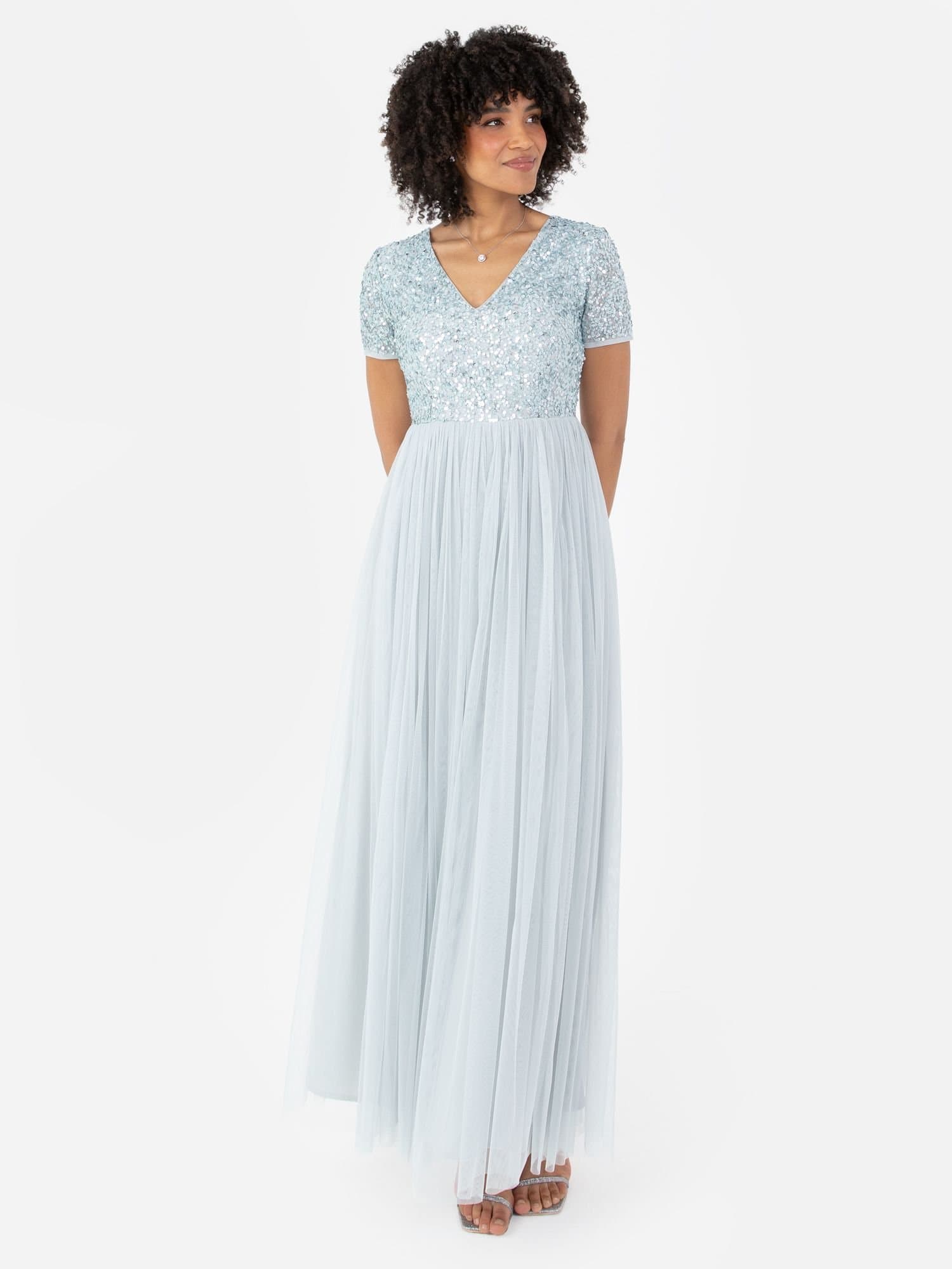 Maya Deluxe Maya Deluxe Women's Short Sleeve V Neck Embellished Maxi Dress in Pale Blue