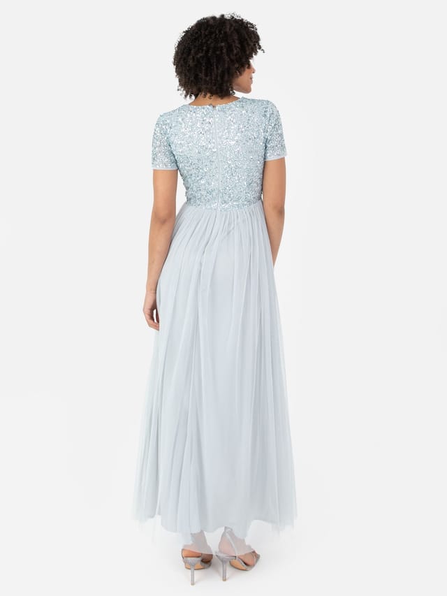 Maya Deluxe Maya Deluxe Women's Short Sleeve V Neck Embellished Maxi Dress in Pale Blue - 2