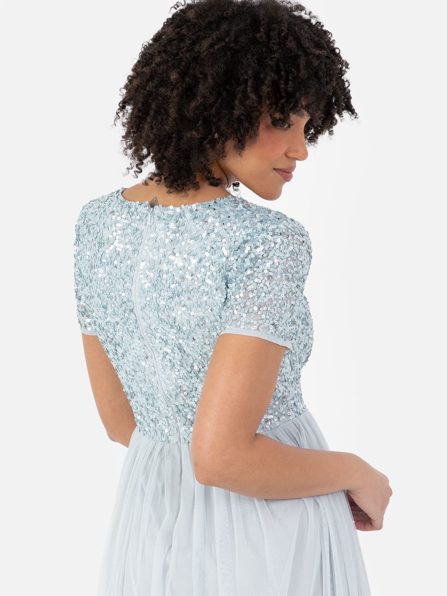 Maya Deluxe Maya Deluxe Women's Short Sleeve V Neck Embellished Maxi Dress in Pale Blue - 4