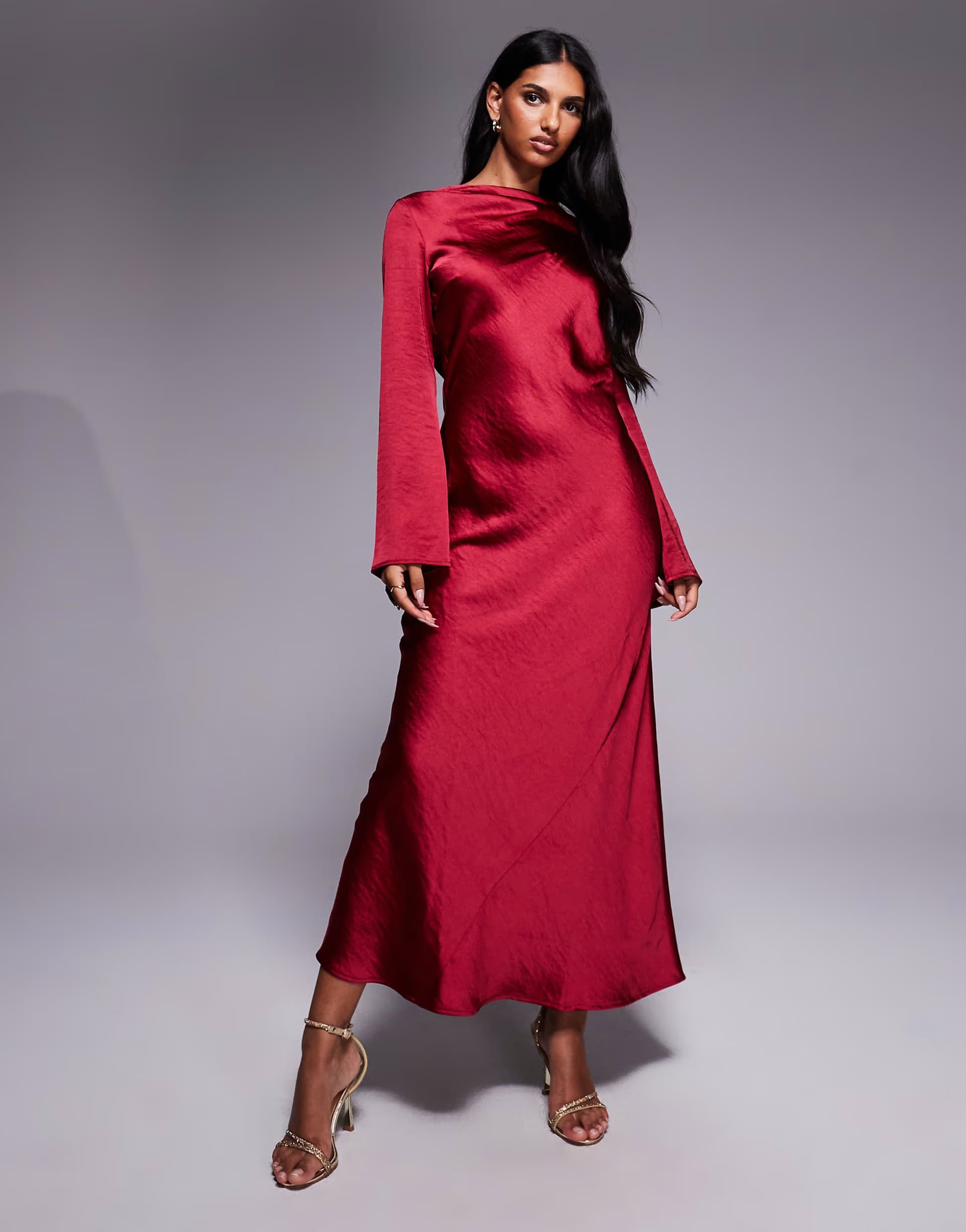 ASOS TFNC flared long sleeve maxi dress in red