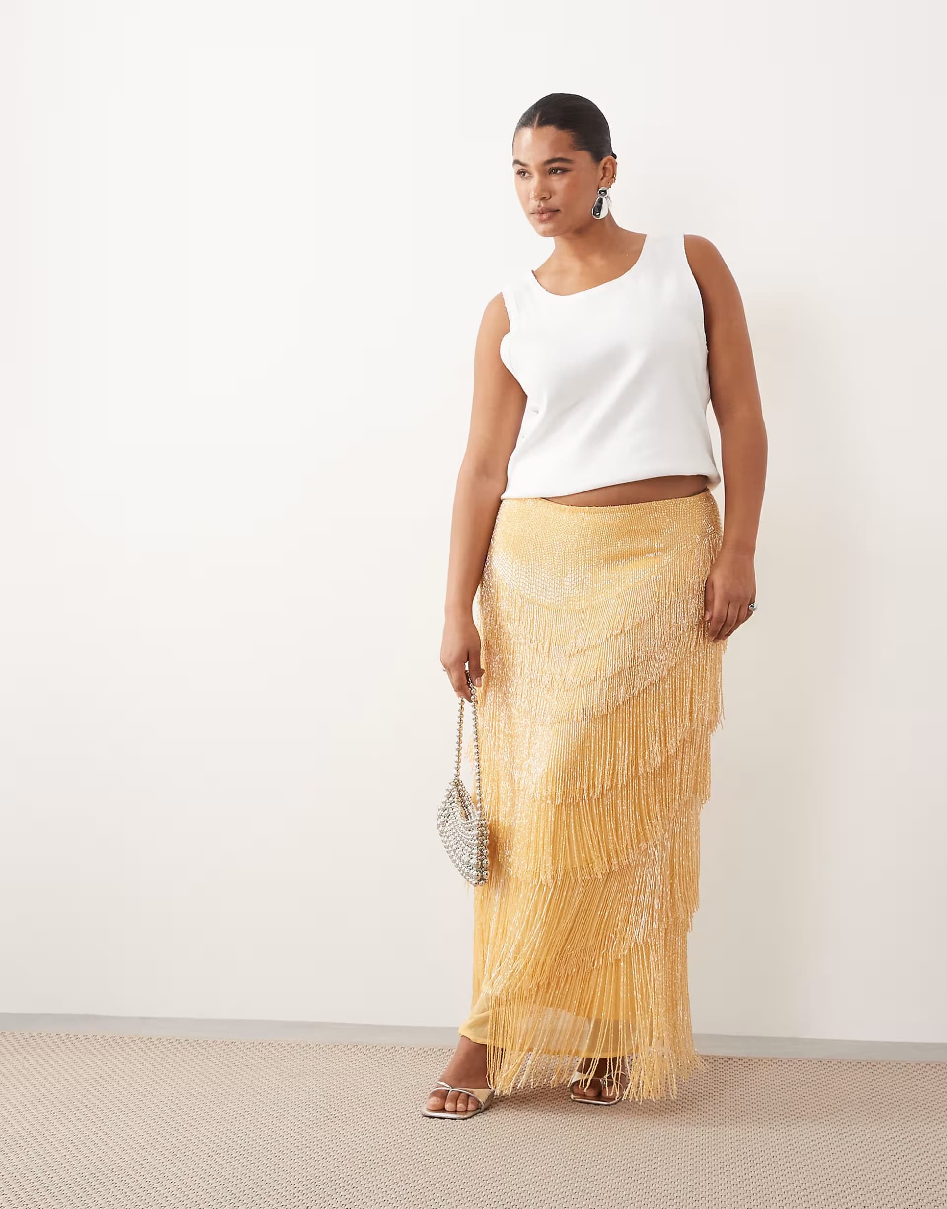 ASOS ARRANGE Curve beaded fringe column midi skirt in yellow