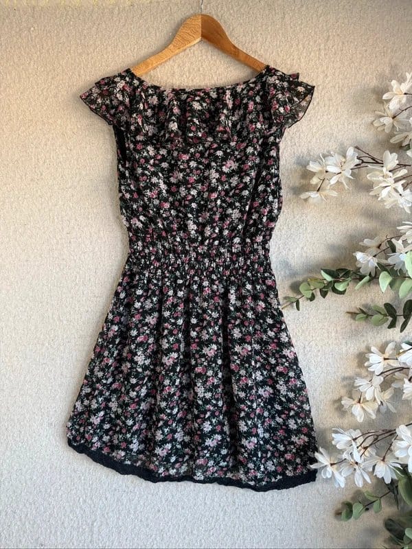 New Look New Look Black Floral Ruffle Sleeve Dress Size 14 Summer Casual Chic Style - 1