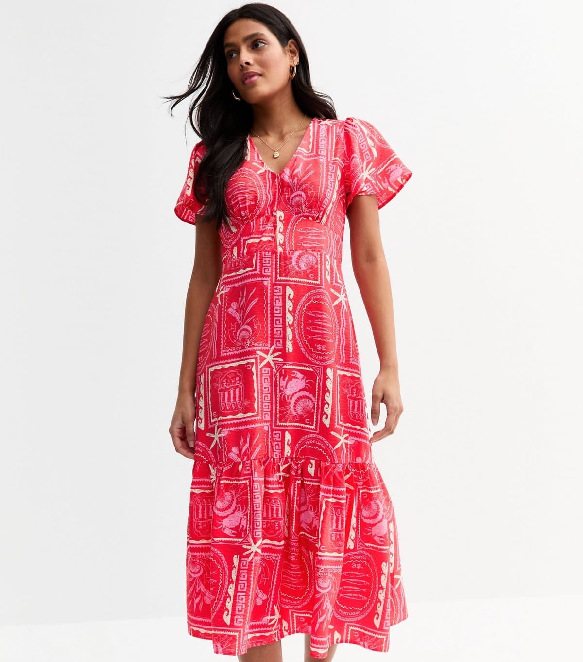 New Look Women's Pink Sea Print Tiered Midi Dress New Look