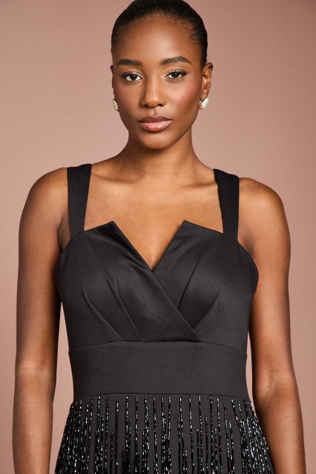 Coast Coast Women's Beaded Fringe Square Neck Maxi Dress in Black - 2