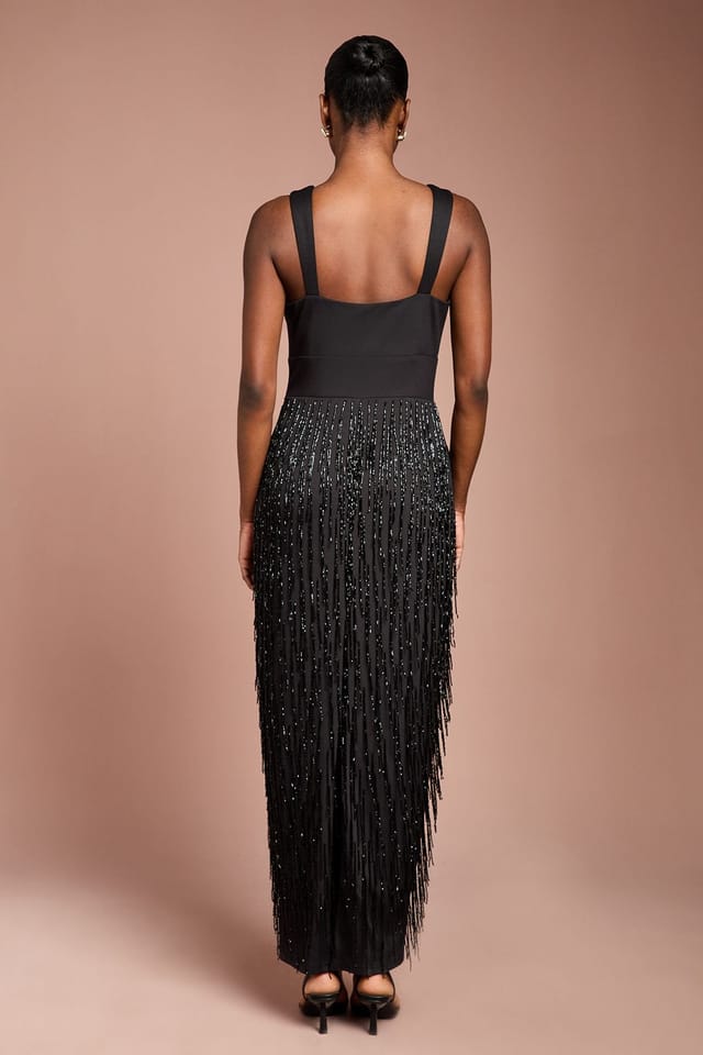 Coast Coast Women's Beaded Fringe Square Neck Maxi Dress in Black - 3