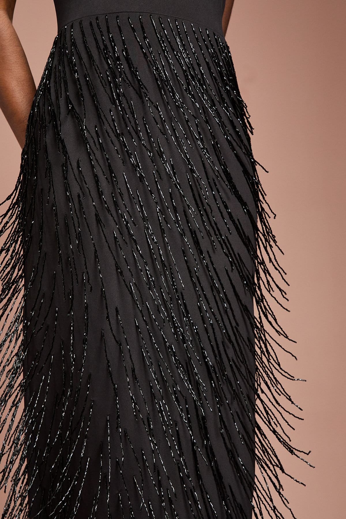 Coast Coast Women's Beaded Fringe Square Neck Maxi Dress in Black - 4