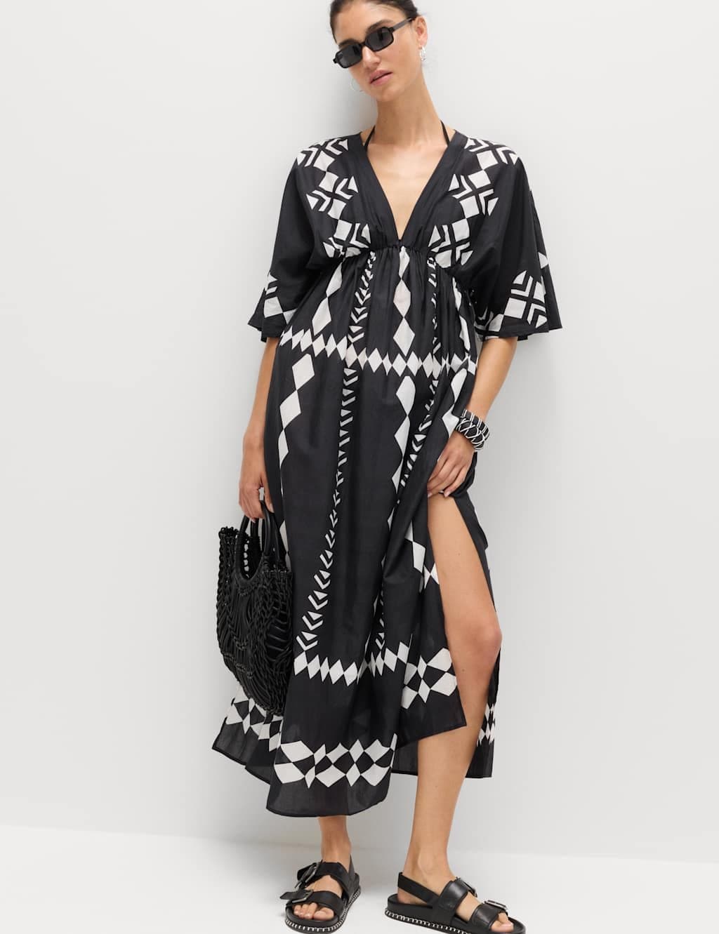Marks & Spencer M&S Pure Cotton Printed V-Neck Sheer Kaftan Black Mix