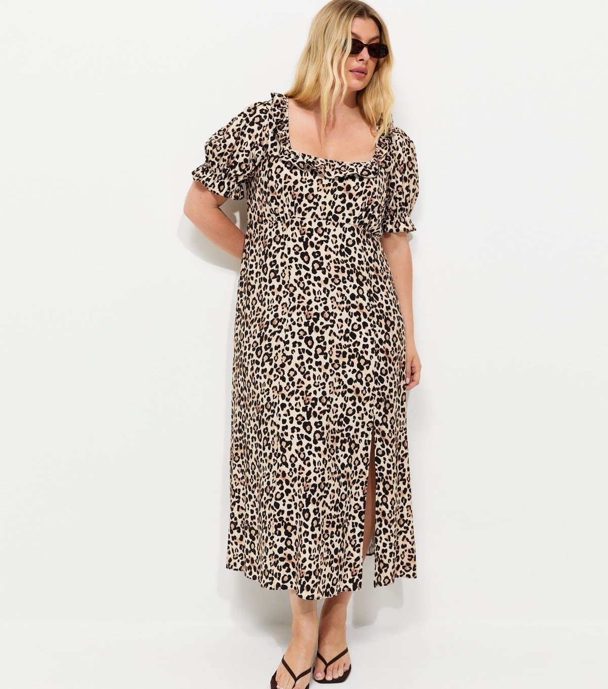 New Look Women's Plus Size Brown Animal Print Square Neck Midi Tea Dress Curves New Look