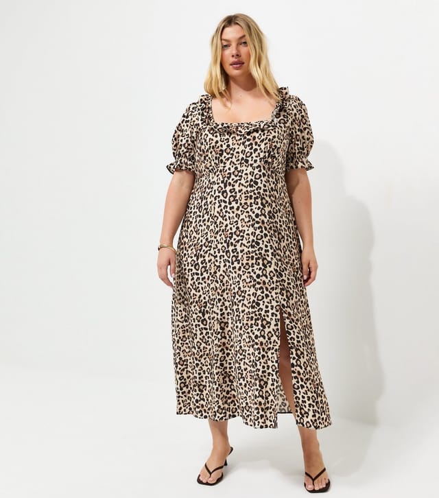 New Look Women's Plus Size Brown Animal Print Square Neck Midi Tea Dress Curves New Look - 3