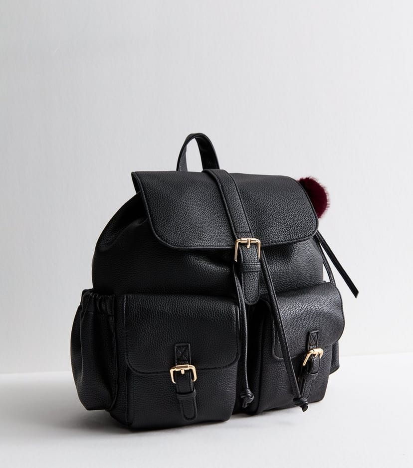 New Look Black Faux Leather Multi-Pocket School Backpack Vegan New Look - 1