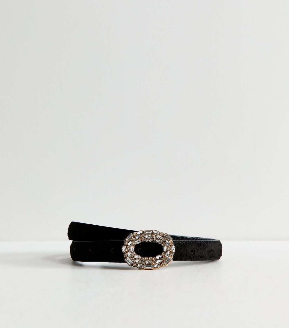New Look Black Faux Suede Oval Diamanté Buckle Belt New Look