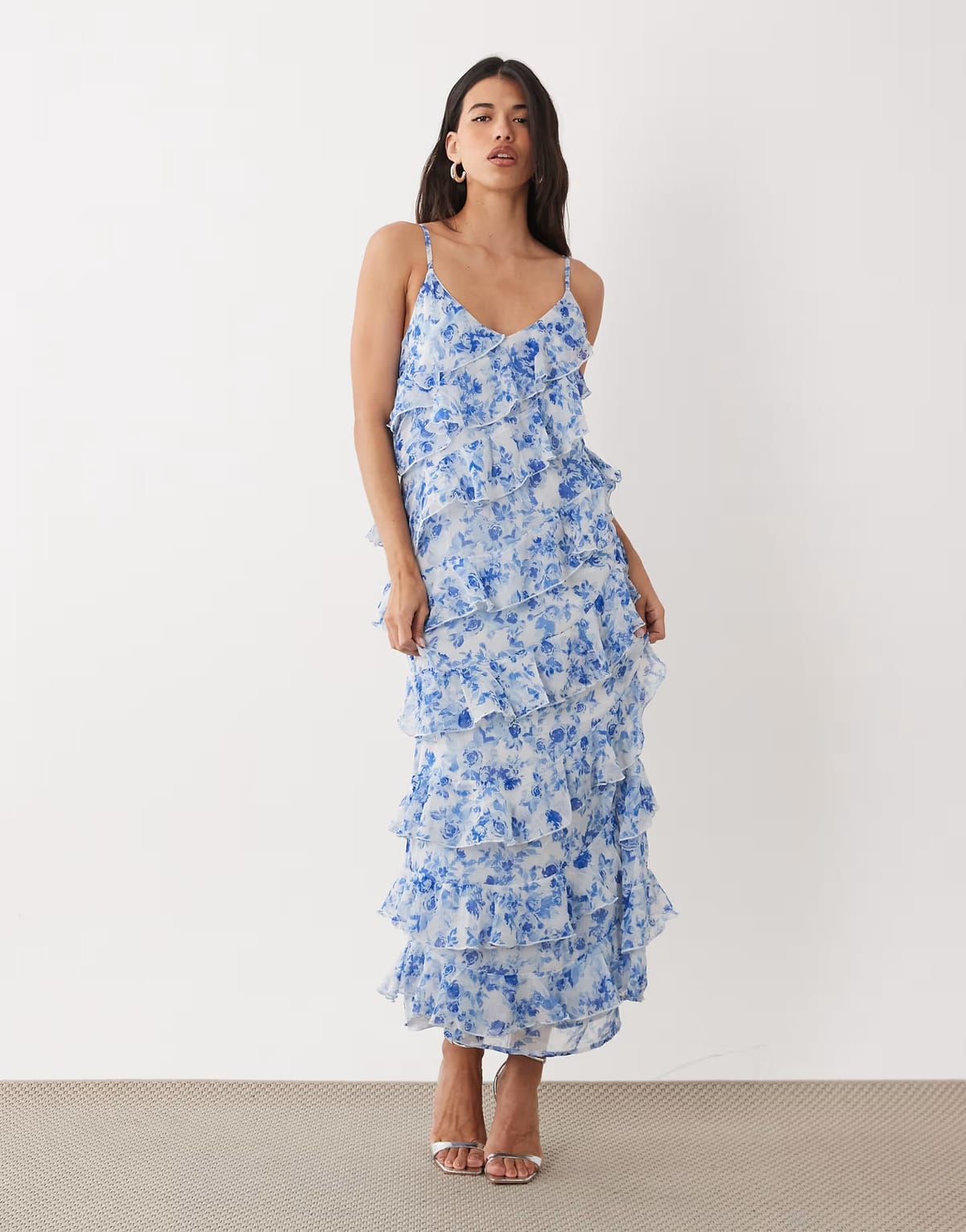 ASOS Vila asymmetric frill maxi dress with side split in blue floral print - 1