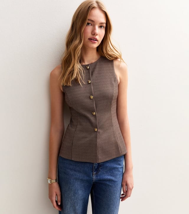 New Look Women's Brown Houndstooth Crew Neck Waistcoat New Look - 2