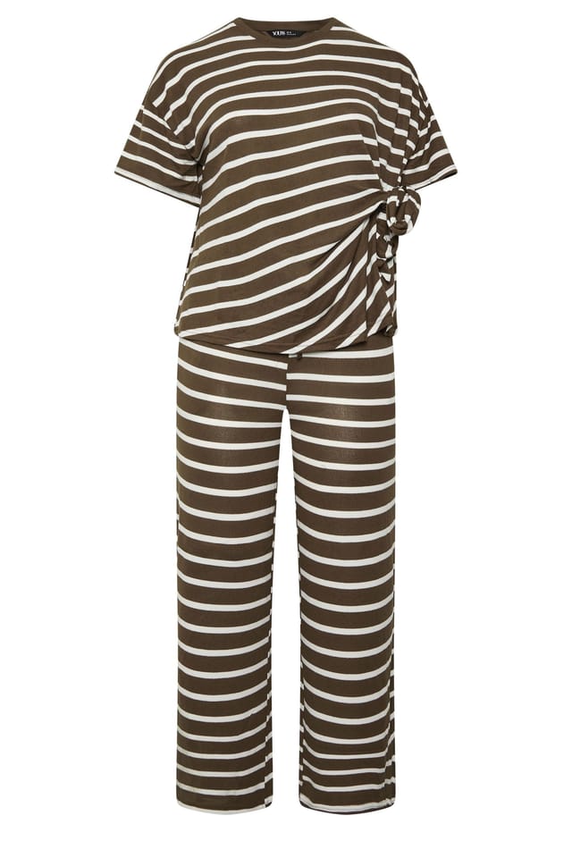 Yours Yours Women's Stripe Tie Waist Trouser Set in Chocolate - 2