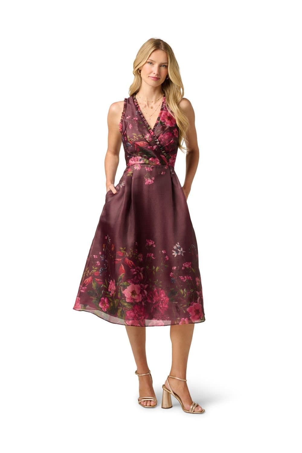 Adrianna Papell Adrianna Papell Women's Printed Organza Midi Dress in Burgundy