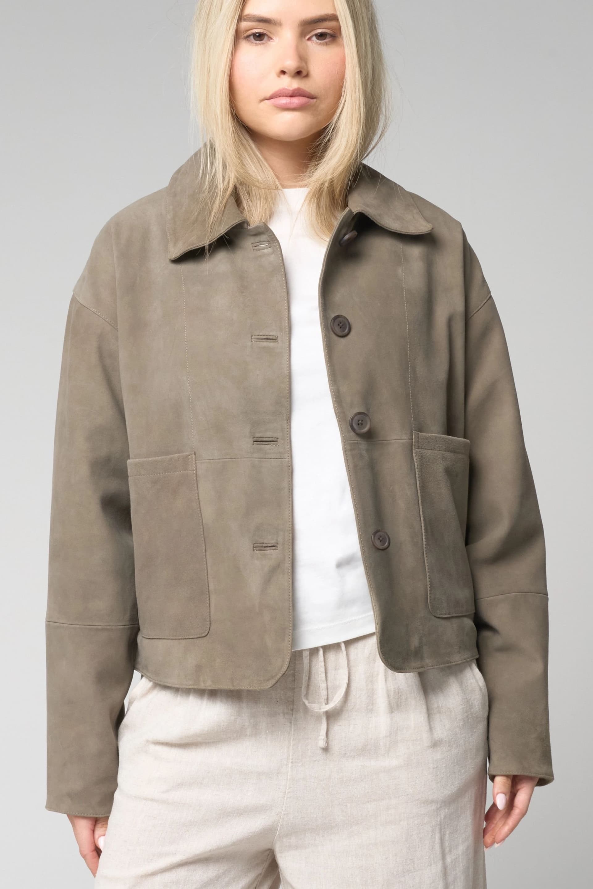 Barneys Originals Barneys Originals Women's Sage Goat Suede Cropped Harrington in Light Khaki