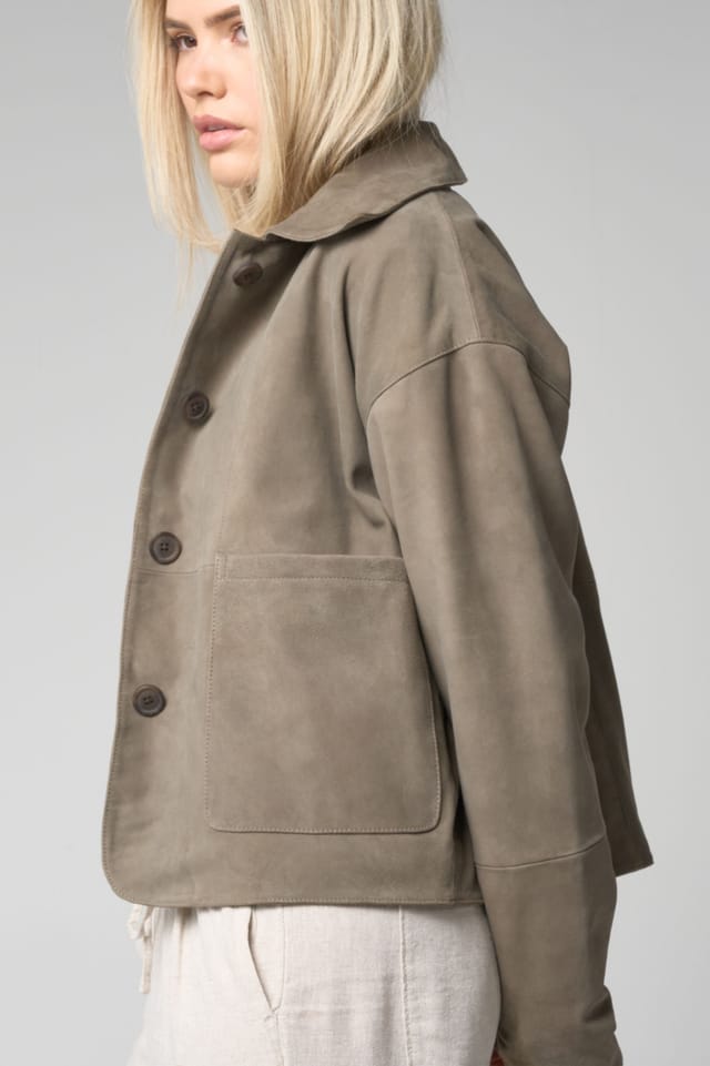 Barneys Originals Barneys Originals Women's Sage Goat Suede Cropped Harrington in Light Khaki - 2