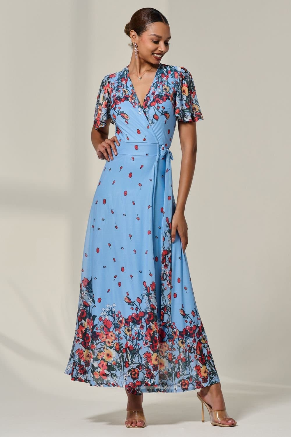 Jolie Moi Jolie Moi Women's Floral Mirror Mesh Wrap Maxi Dress in Blue