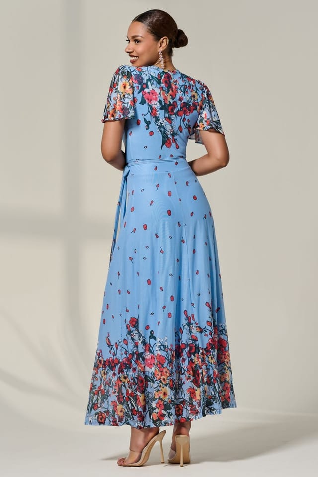 Jolie Moi Jolie Moi Women's Floral Mirror Mesh Wrap Maxi Dress in Blue - 2