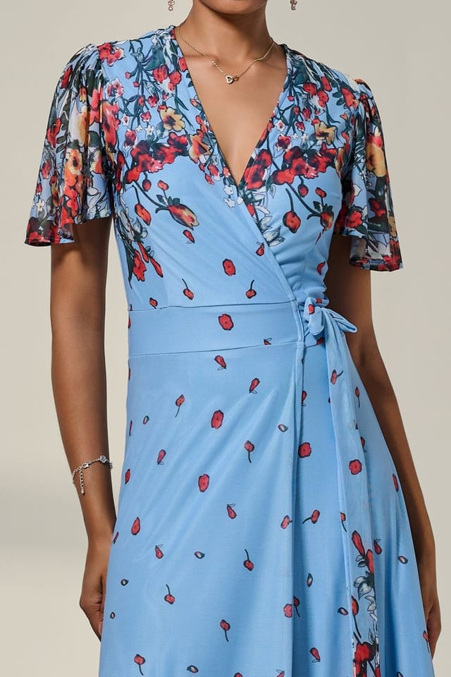 Jolie Moi Jolie Moi Women's Floral Mirror Mesh Wrap Maxi Dress in Blue - 3