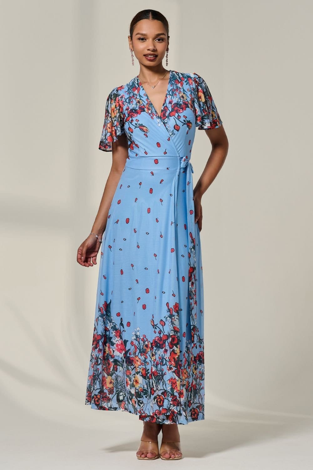 Jolie Moi Jolie Moi Women's Floral Mirror Mesh Wrap Maxi Dress in Blue - 4