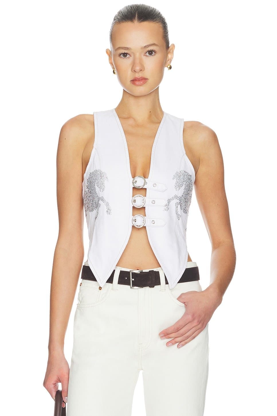 revolve Revolve Party Horse Embellished Leather Vest in White Denim