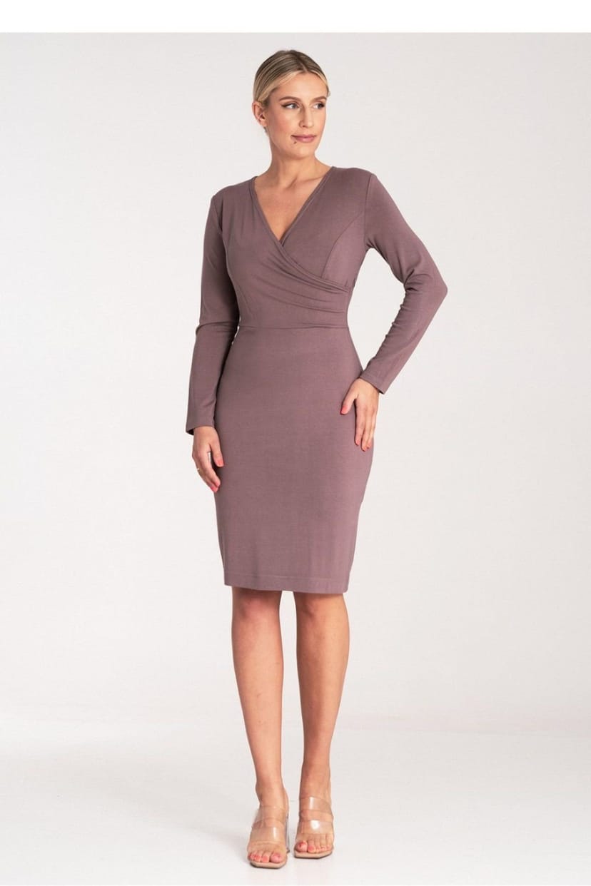 Love Lace Love Lace Women's Fitted Long Sleeve V Neck Dress with Hidden Zipper in Brown - 1