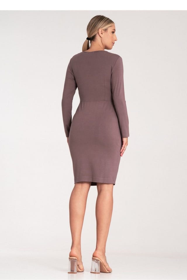 Love Lace Love Lace Women's Fitted Long Sleeve V Neck Dress with Hidden Zipper in Brown - 3