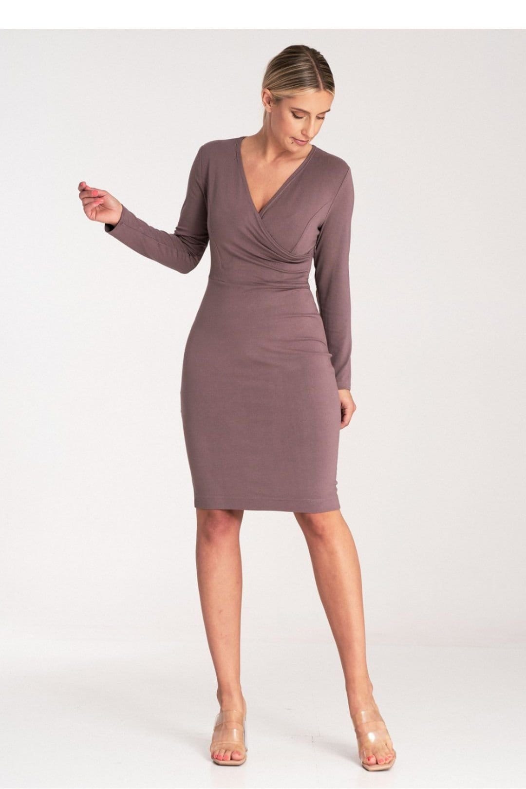 Love Lace Love Lace Women's Fitted Long Sleeve V Neck Dress with Hidden Zipper in Brown - 4