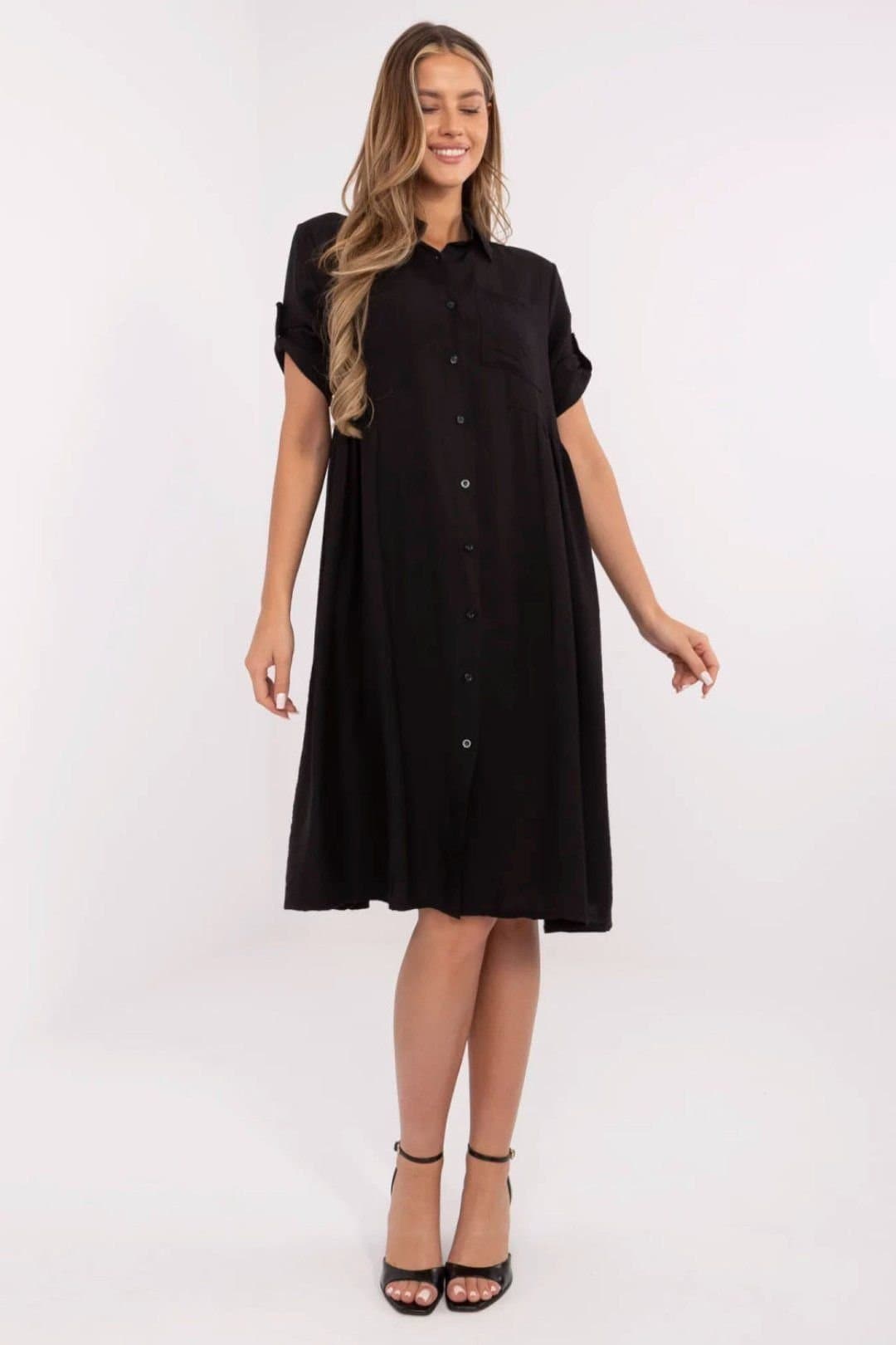 Love Lace Love Lace Women's Flared Midi Shirt Dress with Pleats in Black