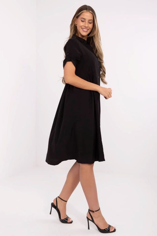 Love Lace Love Lace Women's Flared Midi Shirt Dress with Pleats in Black - 2