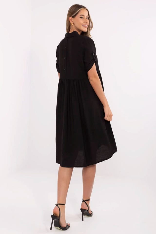 Love Lace Love Lace Women's Flared Midi Shirt Dress with Pleats in Black - 3