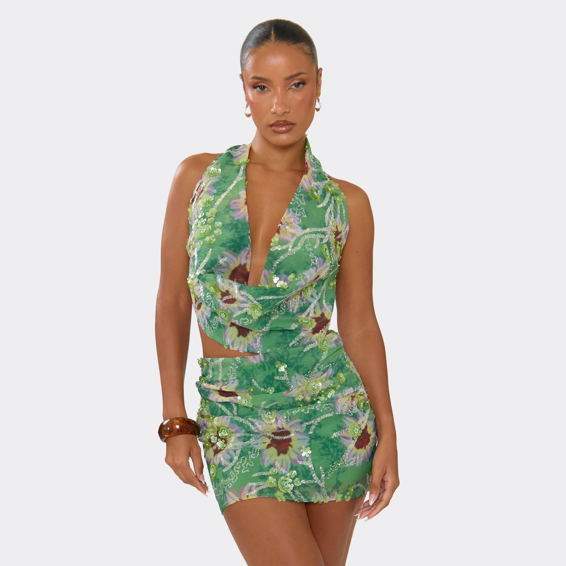 EGO Cowl Neck Sequin Embellished Detail Top In Green Floral Print, Women's Size UK 6