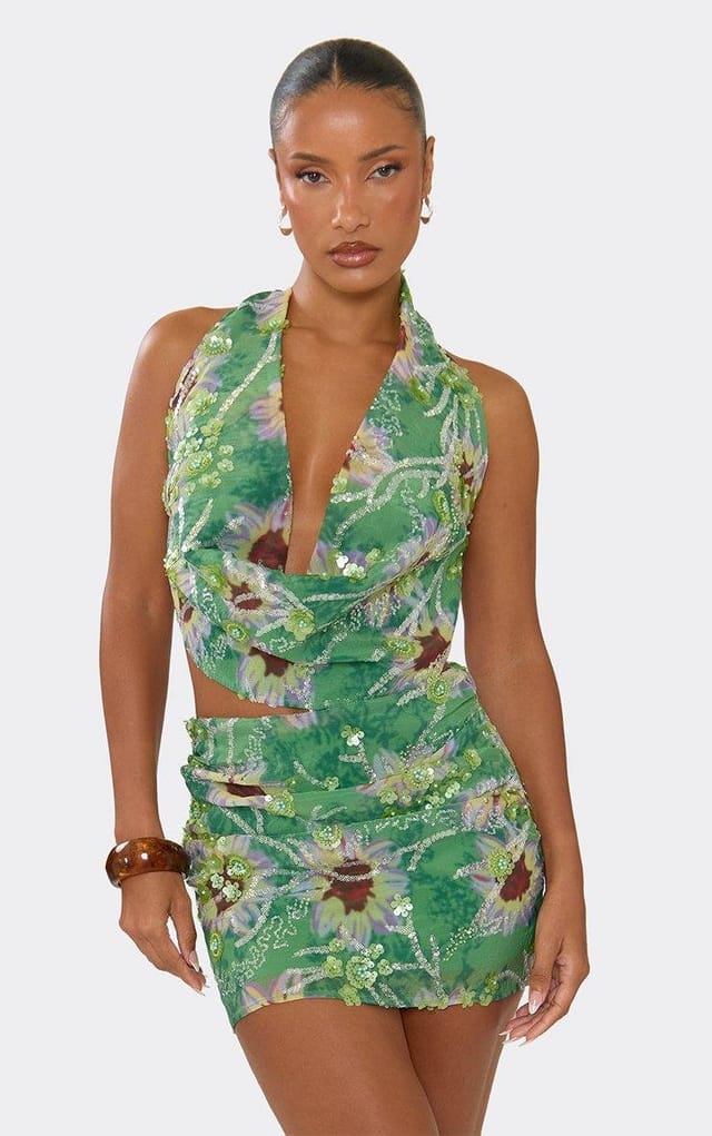 EGO Cowl Neck Sequin Embellished Detail Top In Green Floral Print, Women's Size UK 6 - 2