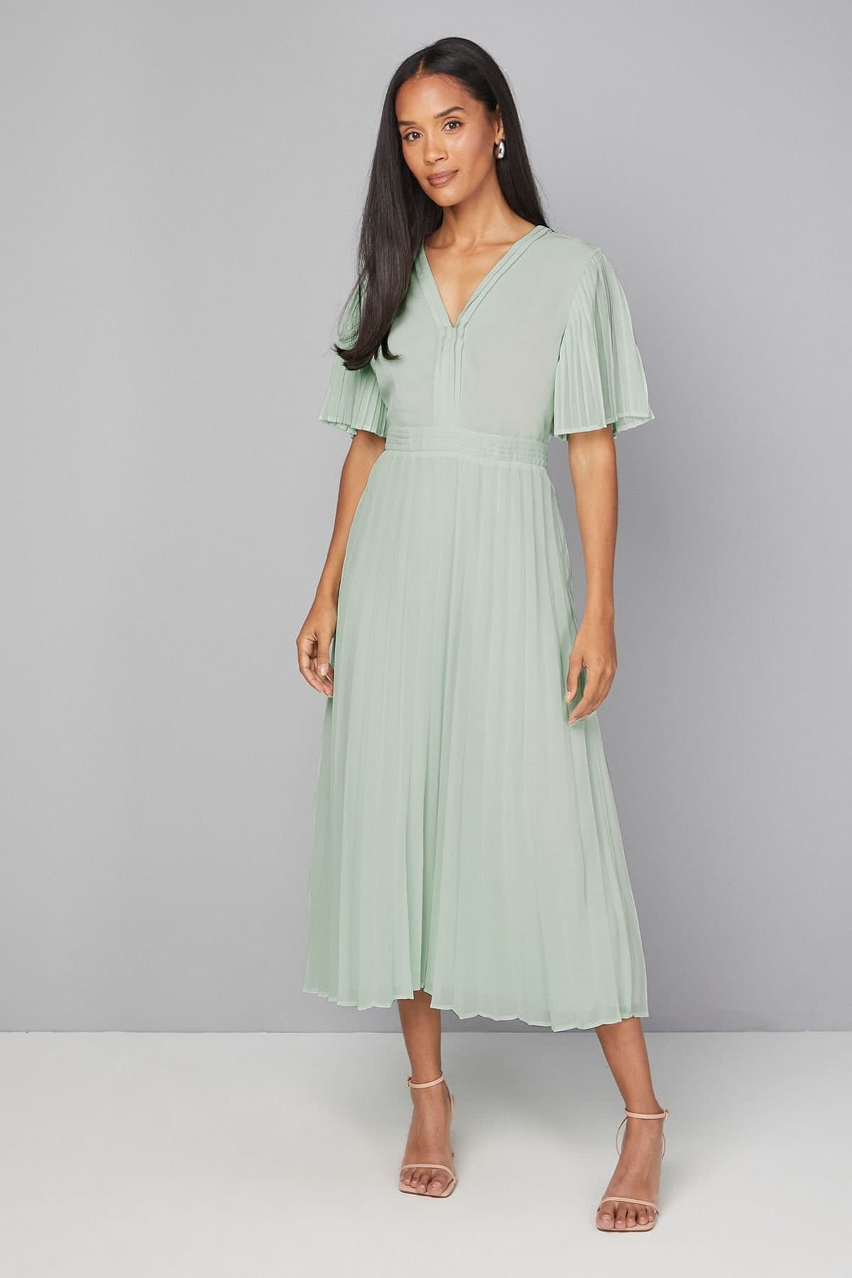 Wallis Wallis Women's Chiffon Pleated Sleeve Midi Dress in Mint