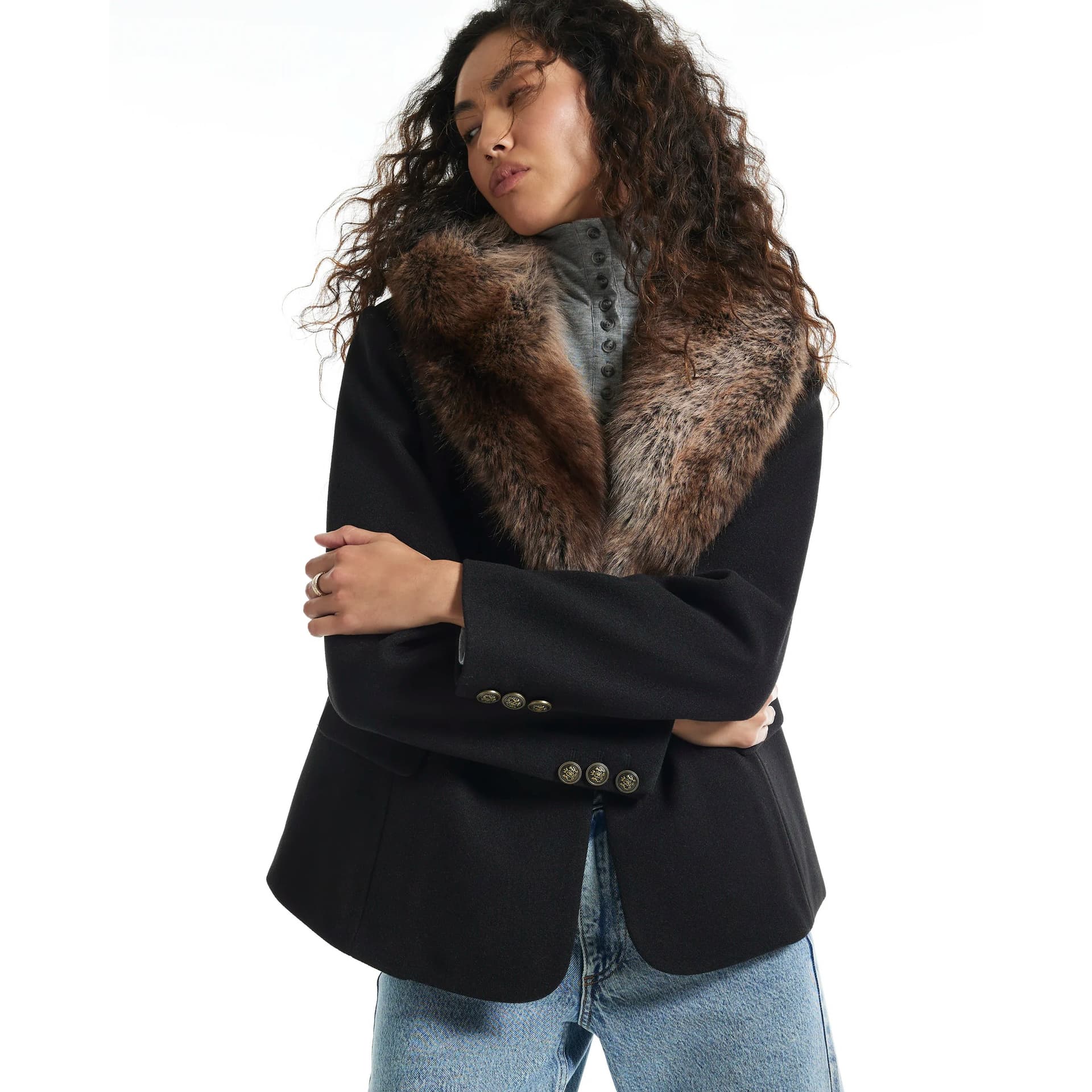 River Island River Island Womens Black Faux Fur Collar Cinched Blazer