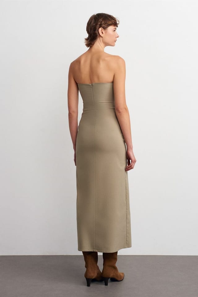 Dilvin Dilvin Women's Strapless Fitted Midi Dress With Slit in Khaki - 2