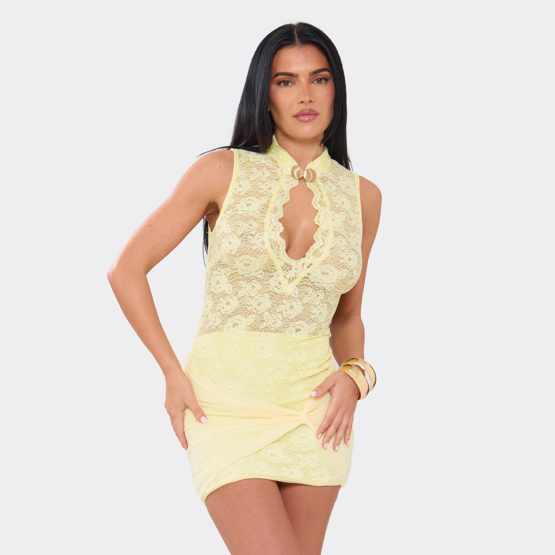 EGO Sleeveless Trim Detail Keyhole Cut Out Mini Dress In Lemon Lace, Women's Size UK M/L