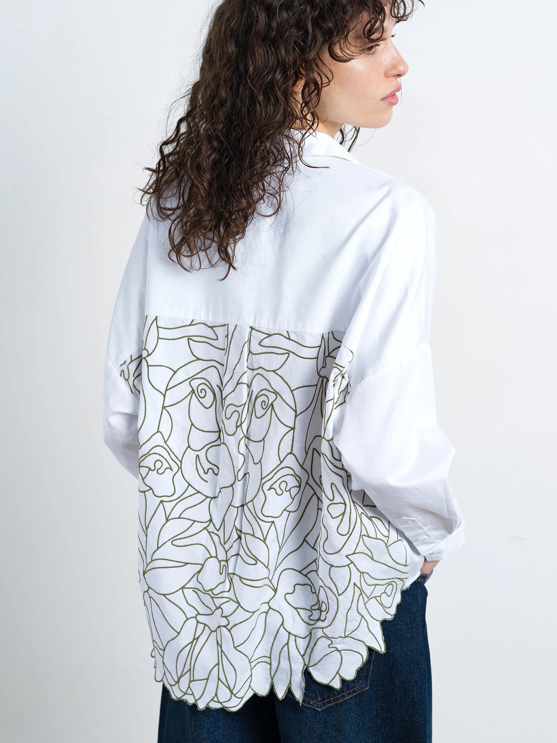 French Connection White/Khaki Floral Cutwork Popover Shirt