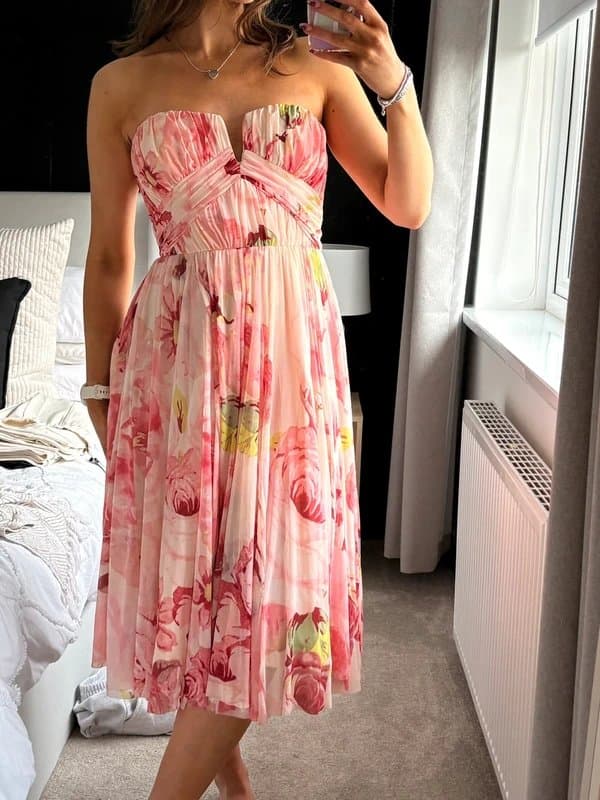 ASOS Pink floral strapless midi dress