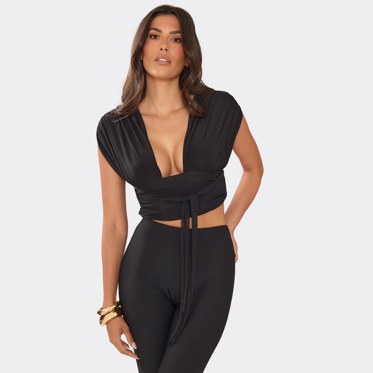 EGO Sleeveless Plunge Front Tie Detail Crop Top In Black., Women's Size UK 6 - 1