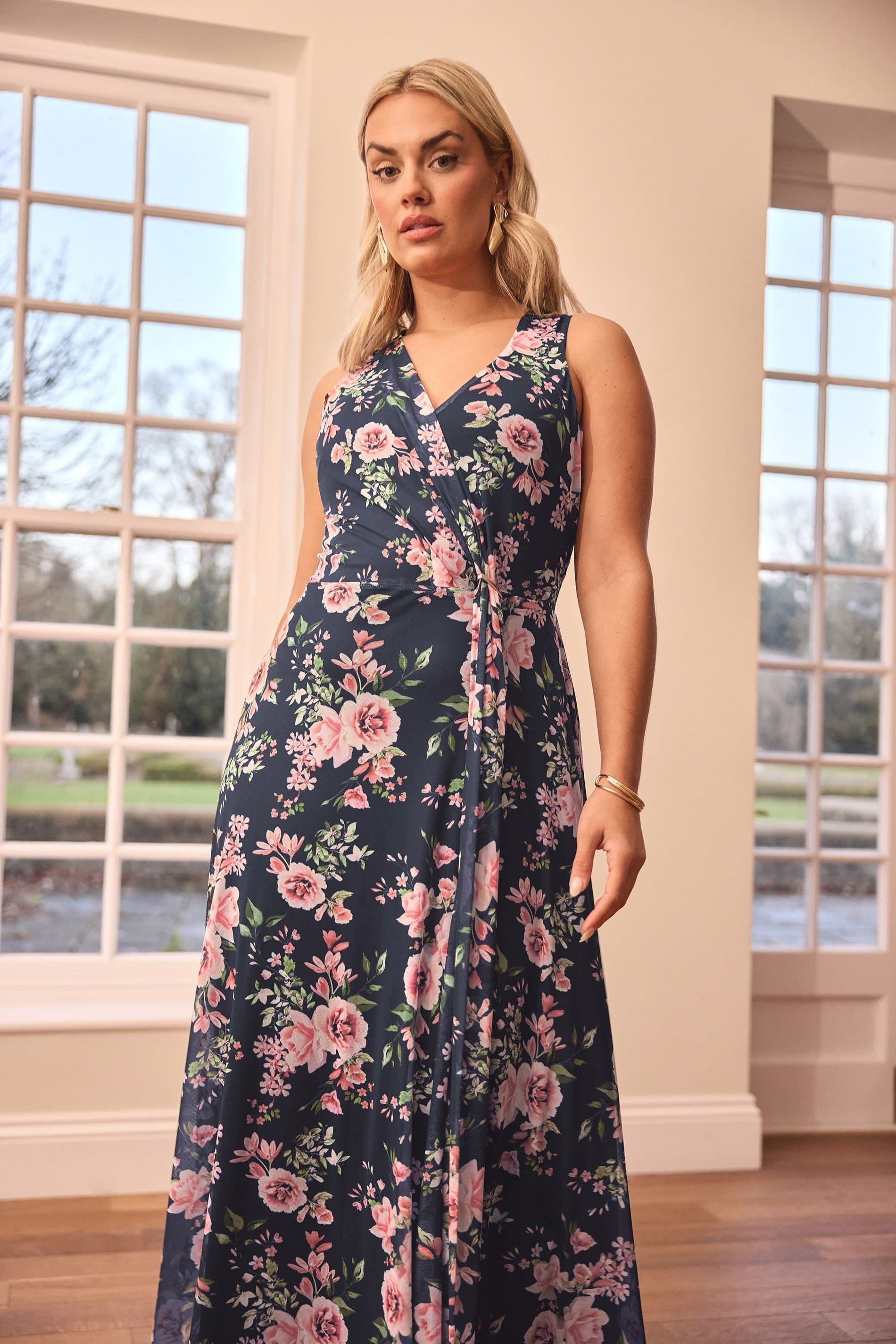 Yours Yours Women's Floral Mesh Draped Maxi Dress in Dark Navy