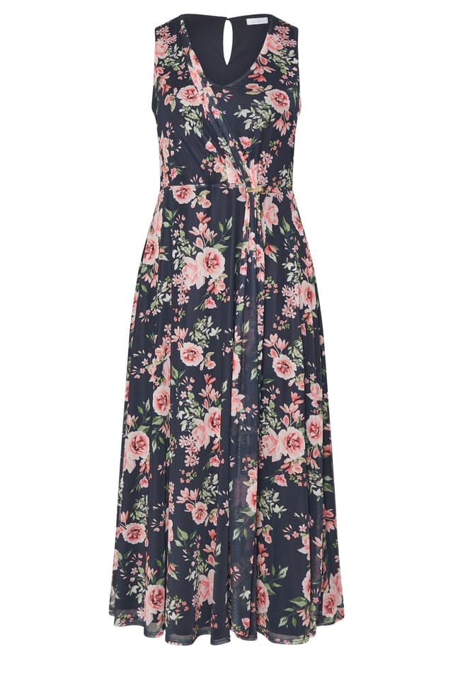 Yours Yours Women's Floral Mesh Draped Maxi Dress in Dark Navy - 2