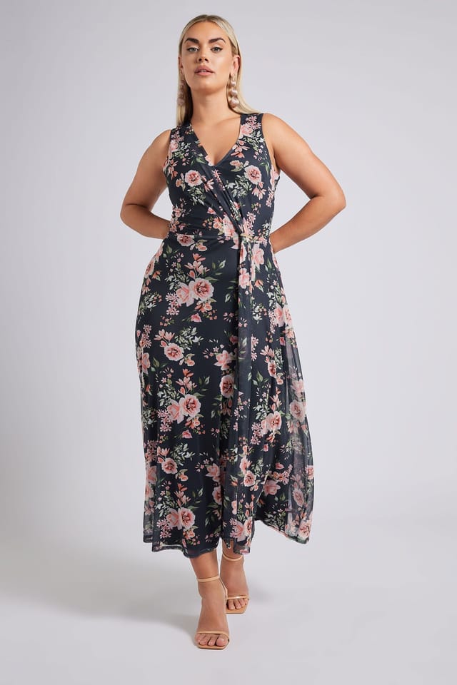 Yours Yours Women's Floral Mesh Draped Maxi Dress in Dark Navy - 3