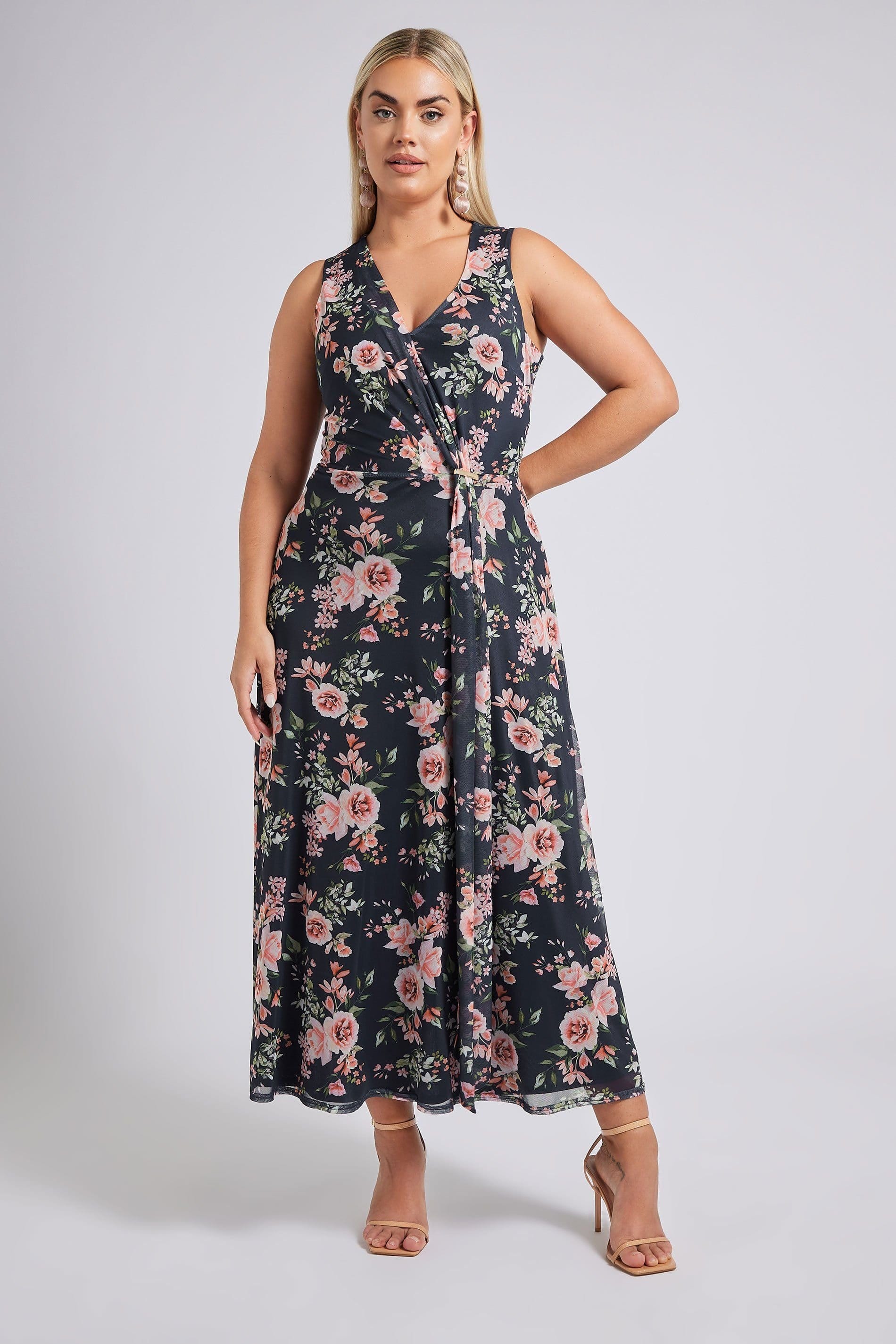 Yours Yours Women's Floral Mesh Draped Maxi Dress in Dark Navy - 4