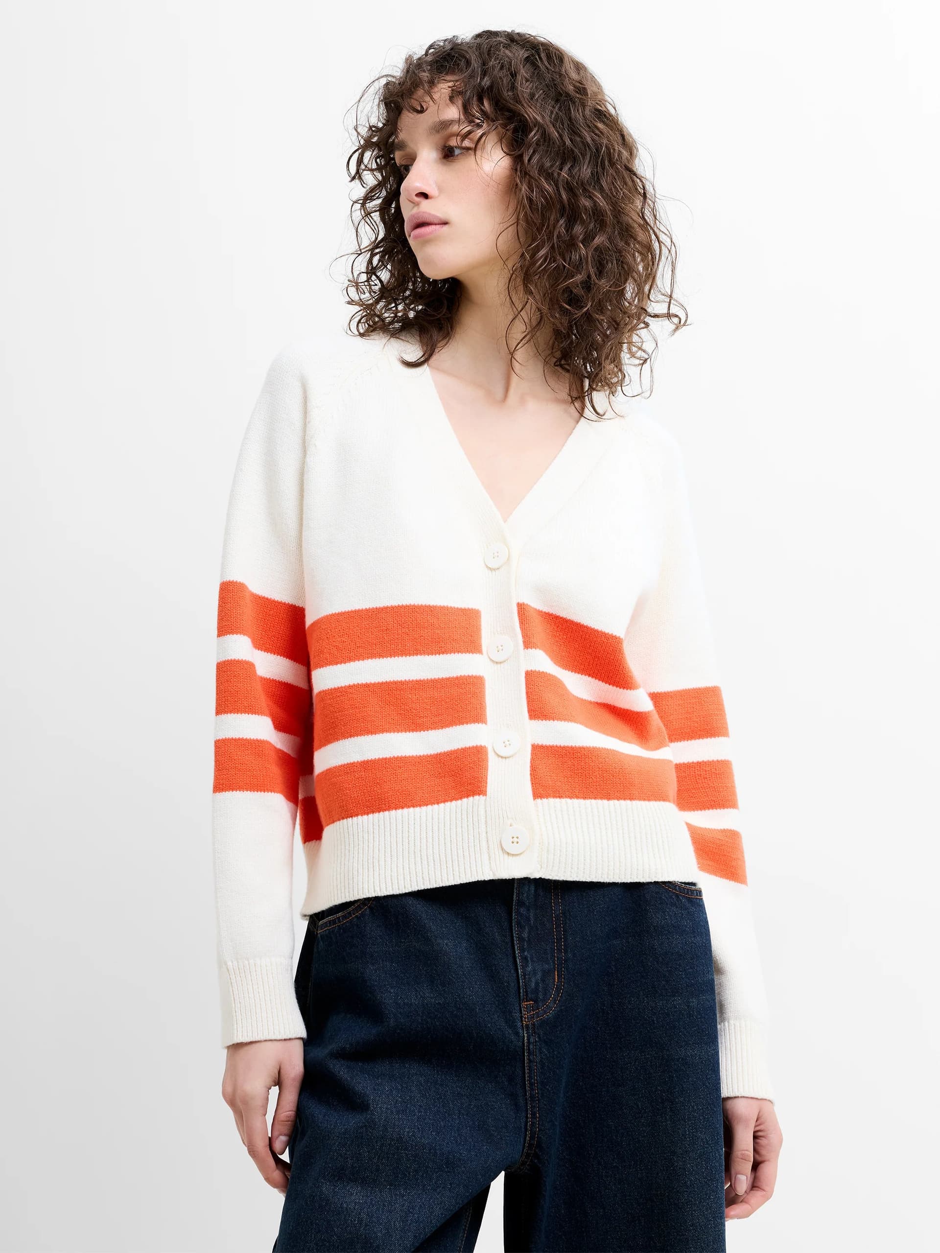French Connection June Knit Striped Grandad Cardigan Porcelain Cream/Paradise Orange